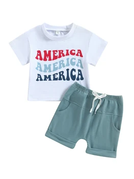 0-3Y Dia da Independência dos Meninos da Criança Roupas de Conjuntos de Estrelas Listras de Impressão de T-shirt Manga Curta Elástico Conjunto de Shorts