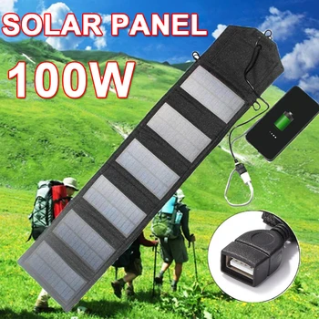 100W Folding Painel Solar USB 5V Carregador Solar Impermeável de Células Solares para Acampar ao ar livre, Caminhadas Solar Portátil de Bateria