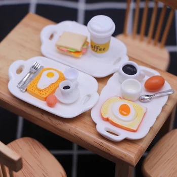 1Set 1:12 Casa de bonecas em Miniatura Pão de Café Ovo de Colher Garfo com Placa de Jantar Cozinha pequeno-Almoço Modelo de Decoração de Brinquedo