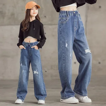2022 Estilo Casual Jeans Para a Menina Adolescente Roupas Elásticas de Cintura Alta Jeans Largas Calças de Perna de Mola as Crianças Grandes Reta Calças 4-14Y