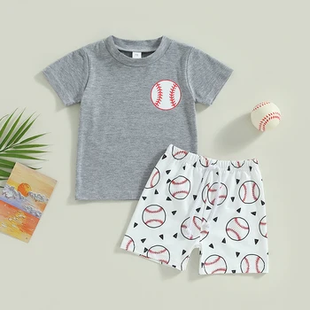 2023-04-26 Lioraitiin 0-3anos Meninos do Bebê do Verão 2Pcs Roupas de Beisebol Impressão de Manga Curta T-Shirt de Desporto Conjunto de Shorts