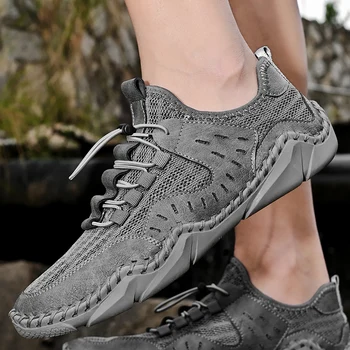 2023 Artesanal Homens Casuais Sapatos De Verão, De Couro+Malha Respirável Macio, Com Sola De Sapatos Confortáveis De Condução Do Sexo Masculino Sapatos