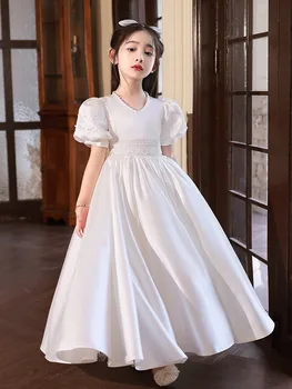2023 Batismo Vestido Branco para as Meninas Crianças de Luxo Beading Cetim Maxi Vestido de baile Crianças Elegantes Vestidos da Menina de Flor para a Noiva