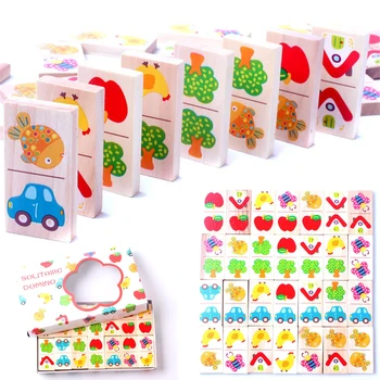 28PCS de Madeira Domino Frutas Animal Reconhecer Blocos de Dominós, Jogos de Quebra-Montessori a Aprendizagem de Crianças do Ensino de Quebra-cabeça Brinquedos do Bebê