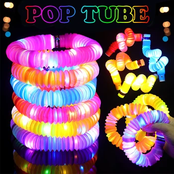 2pcs Pop Tubos de Flash de LED Sensorial Brinquedos para Adultos e Crianças alívio de tensão Brinquedo de Plástico Fole Puxar Trecho de Tubo de Jogo de Festa Squeeze Brinquedo