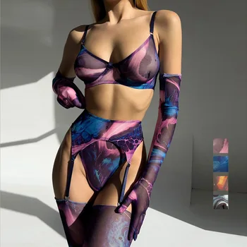5PCS de Lingerie Sexy Para Mulheres Erótico Quente Bandhnu Cueca Traje Body Suit Pornô Sutiã Conjunto de Pijama de Dormir com Luvas