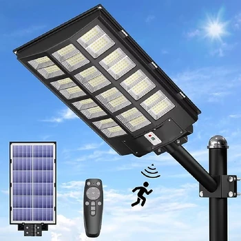 800W Luzes de Rua Solares do Exterior 6500K Solar Estacionamento Luzes do Entardecer ao Amanhecer IP67 Impermeável Solar de Segurança, Luzes de Inundação do Sensor