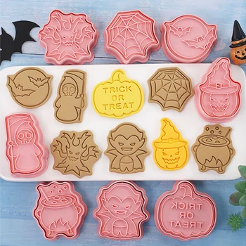 8pcs/set Halloween Cortadores de Cookie 3D Plástico Biscoito Molde Cookie Carimbo de DIY Fondant Molde de Bolo de Cozinha, Panificação Pastelaria Bakeware
