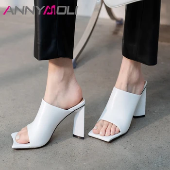 ANNYMOLI de Chinelos, Sapatos de Mulheres Reais Sandálias de Couro Super Salto Alto Slides Dedo do pé Quadrado Chunky Calcanhar Senhoras Calçado de Verão Branco 40