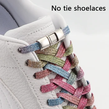 Arco-íris Elástico Cadarços de Tênis Prima Bloqueio de cordões de sapatos sem laços Crianças Adultos Flats Nenhum Laço Cordões de Sapatos de Glitter Acessórios
