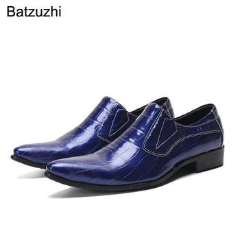 Batzuzhi Dedo Apontado Negócio Formal Vestido de Couro Sapatos de Homens Artesanal de Calçados masculinos de Couro Azul do Vestido de Sapatos para Homens Escorregar!