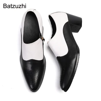 Batzuzhi Estilo de Moda 6cm de Salto Alto Sapatos de homem Zip Macio Vestido de Couro Sapatos de Homens de Preto-Branco de Festa e Sapatos de Casamento dos Homens!