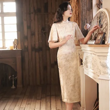 Bege Estilo Chinês Melhorar Cheongsam Feminino Vintage Elegante Vestido De Verão Das Mulheres Modernas Doce Menina Qipao Moda China Traje Ne