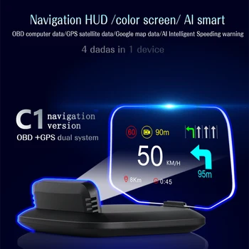 C1 Navegação Versão Head Up Display Carro Frontal HUD OBD GPS de Dupla Sistemas Velocímetro de Aviso de excesso de velocidade RPM de Alarme de Carro Acessório