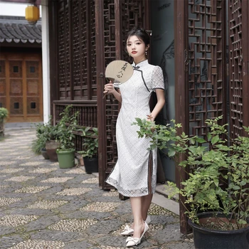 Cheongsam De Manga Curta As Mulheres Do Vintage Vestido Elegante Chinês Tradicional Laço Branco Qipao