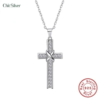 ChicSilver de Prata 925 Colar de Cruz para as Mulheres de Branco CZ Cristal de Zircão Cruz Religiosa Pingente Colar de Cadeia Cristã