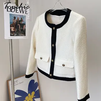 Clássico Branco Preto colcha de Retalhos Casaco para as Mulheres 2023 Outono de Inverno O-pescoço Curto Chaqueta Mujer coreano de Novo No Outwears