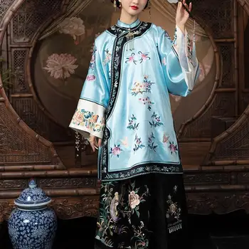 Da Dinastia Qing, a Reprodução de Antiguidades Cheongsam Chinês Tradicional Mulheres Vestuário Vintage Floral Impressão de Manga Longa Cheongsam Topo