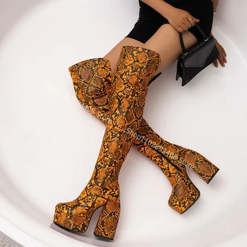 Dedo Do Pé Redondo Snakeskin Plataforma Do Joelho Botas Do Lado Do Zíper Chunky Salto Alto Sexy Mulheres De Moda Tamanho Grande Botas De 2023 Zapatos Para Mujere