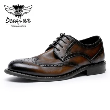 DESAI Homens Sapatos de Couro de Grão Integral Brogue Derby Laço Formal de Negócios Sapatos Para Homens 2023 Nova Moda masculina