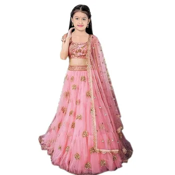 Desgaste Étnico Crianças Meninas De Vestido Cor-De-Rosa Lehenga Choli Indiano Festiva Desgaste Do Conjunto