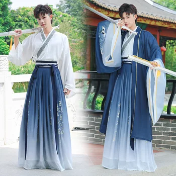 Estilo chinês homens imortais do gradiente azul grande manga retro roupas masculinas tradicionais Hanfu de Uso Especial