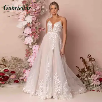 Gabriellar Lindo Uma linha de Vestidos de Noiva com decote em V Apliques sem encosto de alcinhas de Tule 2023 Vestido De Noiva Cliente Feito