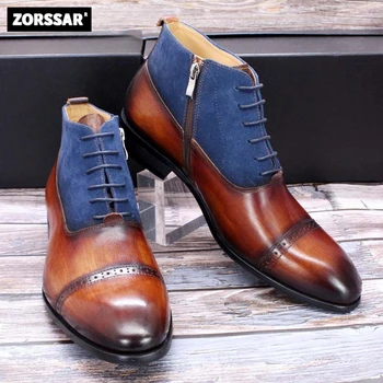 Homens botas curtas de couro genuíno ankle boots homens botas Chelsea Britânica estilo vintage, feitos à mão, botas de couro de alta topo sapatos