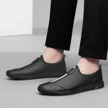 Homens de Negócio do Couro Casual Sapatos 2023 Verão Respirável Sapatilhas para Homem Moda Oco Deslizar Sobre Sapatos Masculinos Sapatos Novos