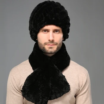 Homens do Real Rex Rabbit Fur Chapéu Lenço Conjuntos de Inverno Quente Gorro de Headwear Lenço Preto Cinza
