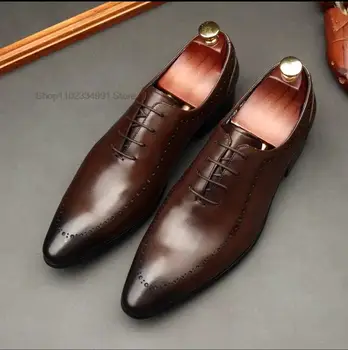 Homens luxo do Vestido Sapatos de Couro Genuíno Pelica Dedo Apontado Oxfords Lace Estilo italiano de Casamento Negócio Formal de Calçados Para Homens