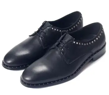 Inverno de couro Genuíno dedo apontado de negócios Sapatos Rebite sapatos Oxford Formal Derby Sapatos de Alta Topo handmade Vestido de sapatos