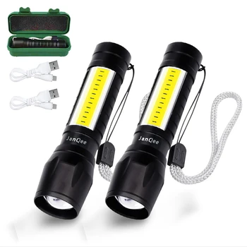 JanQee 2-Pack USB Recarregável Lanterna 3 Modos de luz Alta Zoomable Lanterna LED com COB Laterais Luzes de Emergência, o Uso Diário