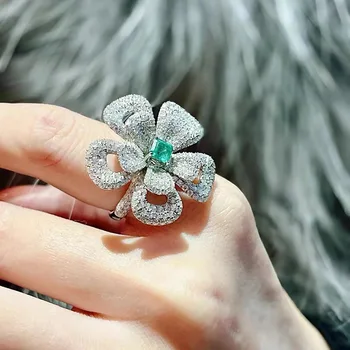 Jóias de diamantes flores esmeraldas jóia anel de mulheres abertura de Girassol anel colorido índice jóia do anel de dedo