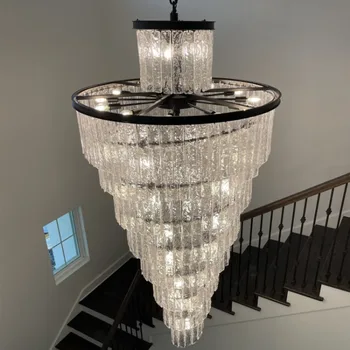 Led luminária de Luz Lustre de Luxo preto cristal para o lobby do hotel grand duplex escada em espiral longa decoração moderna