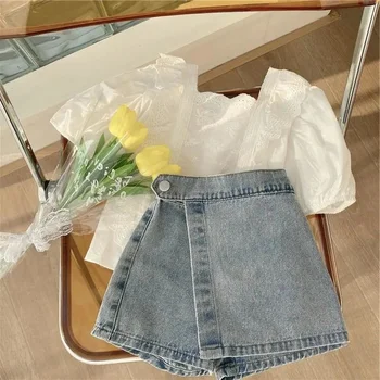 Meninas, O Verão 2023 Novo Meninas Coreano Edição Doce Laço Ocos Camisa Denim Shorts De Duas Peças De Conjunto