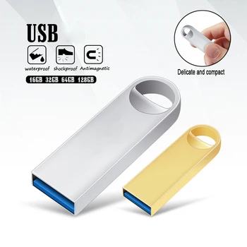 Metal USB2.0 Unidade Flash de 32GB e 64 GB, 128 GB do Disco de U Pendriver de Alta Velocidade de um Stick de Memória USB Ouro Caneta de Presente