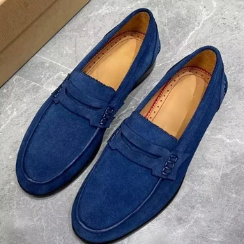 Novo Azul Escuro Homens Mocassins De Camurça De Moda De Luxo Penny Loafer Sapatos Artesanais De Couro Sapatos De Deslizamento No Casual Flats