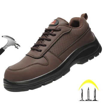 Novo Borwn Calçado de Segurança Para os Homens Indestrutível Luz Respirável Sapatilha da Prova da Punctura & Pac de Aço Toe Plataforma de segurança de Sapatos
