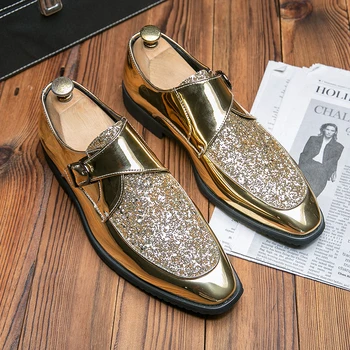 Novos Homens de Ouro Sapatos Sapatos de PU Emenda Fivela Preto de Negócios, de Lazer Banquete Sapatos Estilista de Moda Sapatos de Tamanhos Grandes 38-48
