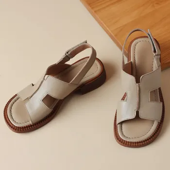 Plus size 35-41 mulheres sandálias de couro genuíno oca-out verão dedo do pé aberto casual feminino flats calçado macio e confortável de sapatos