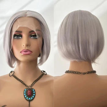 RONGDUOYI Tira Cinza Curto Bob Sintética Lace Front Wig Natural de Fio de Calor Fibra Glueless Perucas para as Mulheres Diário de Maquiagem Usar