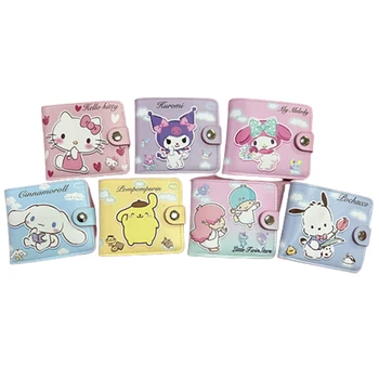Sanrio Série de Moeda Bolsa Carteira Casual Curto Cinnamoroll Kuromi Hello Kitty Pu Carteira de Couro com Botão de Cartão para Alunos Crianças