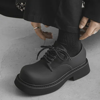Sapatos de Couro preto Mickey Dedo Grande Derby Sapatos para Homens e Mulheres, 5cm de Salto Laço Britânico Papai Casal Retrô na Moda de Calçados Masculino