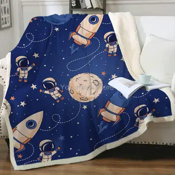 Sleepwish Crianças Cobertor Azul Escuro Sherpa Jogar Meninos Coloridos Foguete Espaço Exterior Padrão De Pelúcia Cobertor Bonito Astronautas Planeta