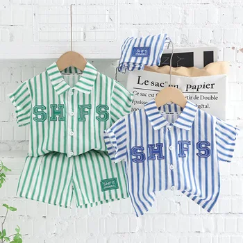 Verão Menino Shirt Terno 2023 Nova Belo Moda Bebê Versão Coreana De Curto Mangas De Camisa Estrangeiros Estilo De Duas Peças De Conjunto