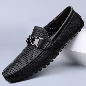 Verão Respirável Sapatos Para Homens 2023 Nova Couro Genuíno Deslizar Sobre Sapatos Masculinos Macio E Confortável De Condução Calçados Homem Plus Size