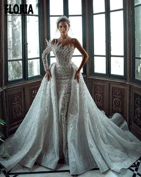 Vestido De Noiva Requintado Grandes Pérolas de Um Ombro Vestidos de Noiva Apliques de Renda Dubai Vestido de Noiva com Trem Destacável