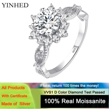 YINHED 100% Real Moissanite Diamante Luxo de Neve Anel da Flor 1,0 CT Anel de Mulheres Fantasia de Casamento, Anéis de Prata Esterlina Jóias Finas